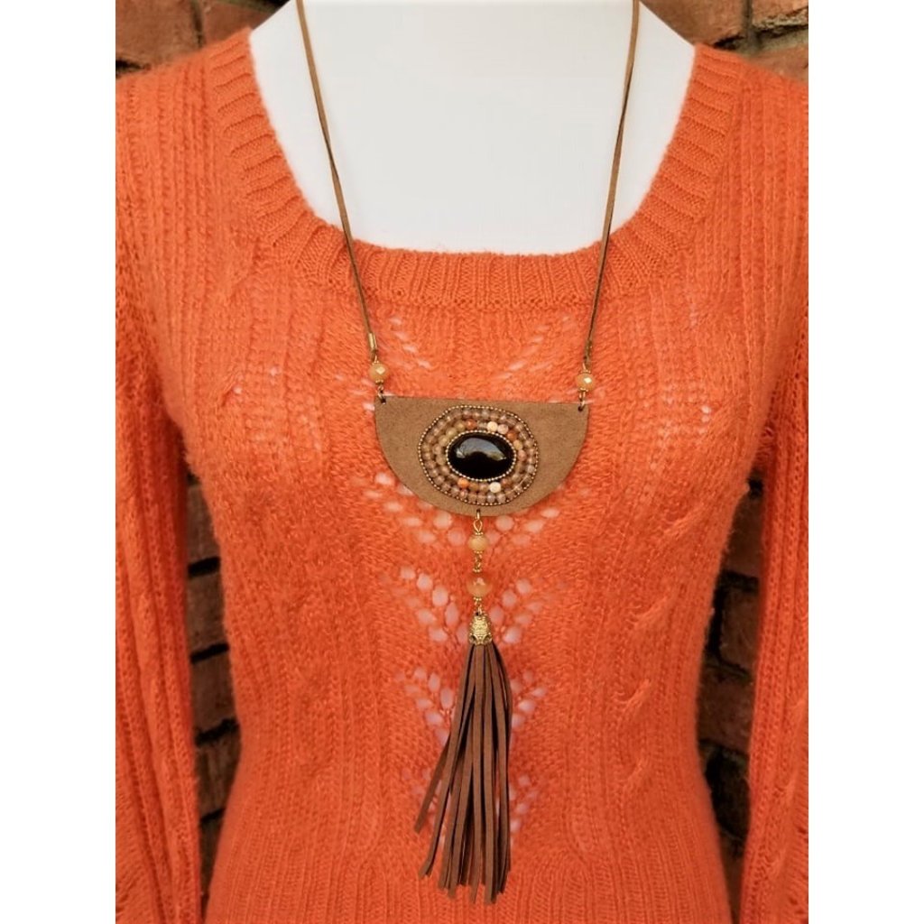 Necklace. Brown Faux Suede. Beaded. Tassel. New With Tags.